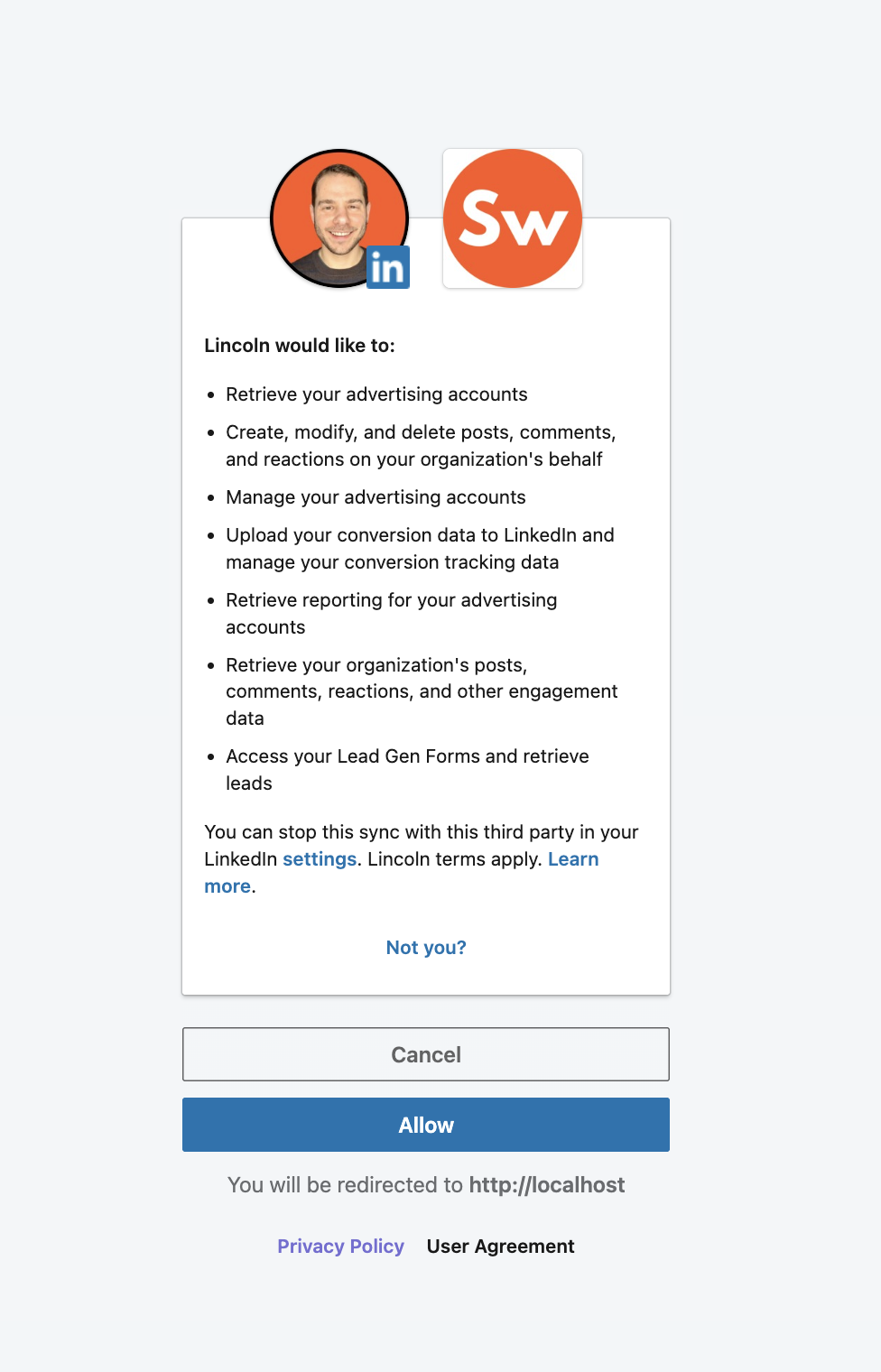 Login allow screen for LinkedIn