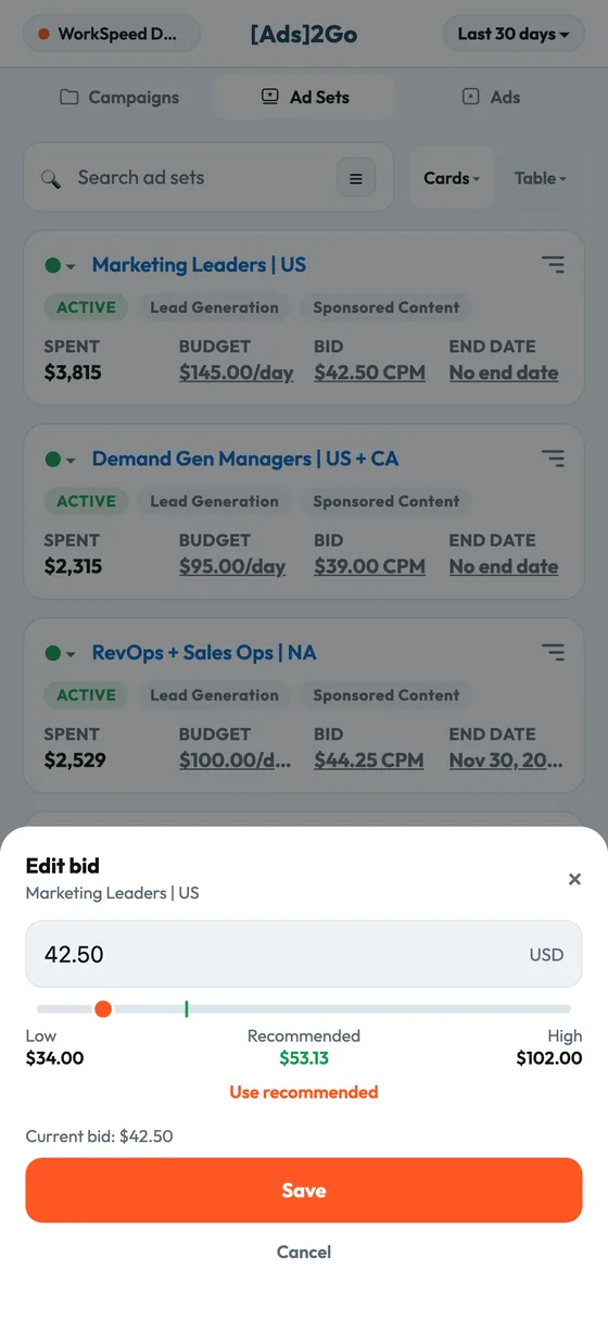 Ads2Go bid editor showing LinkedIn's suggested bid range with low, recommended, and high values
