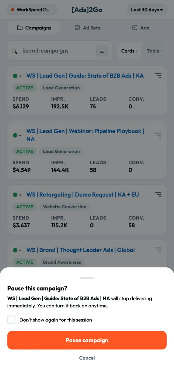 Ads2Go confirmation sheet asking to confirm before pausing a LinkedIn campaign