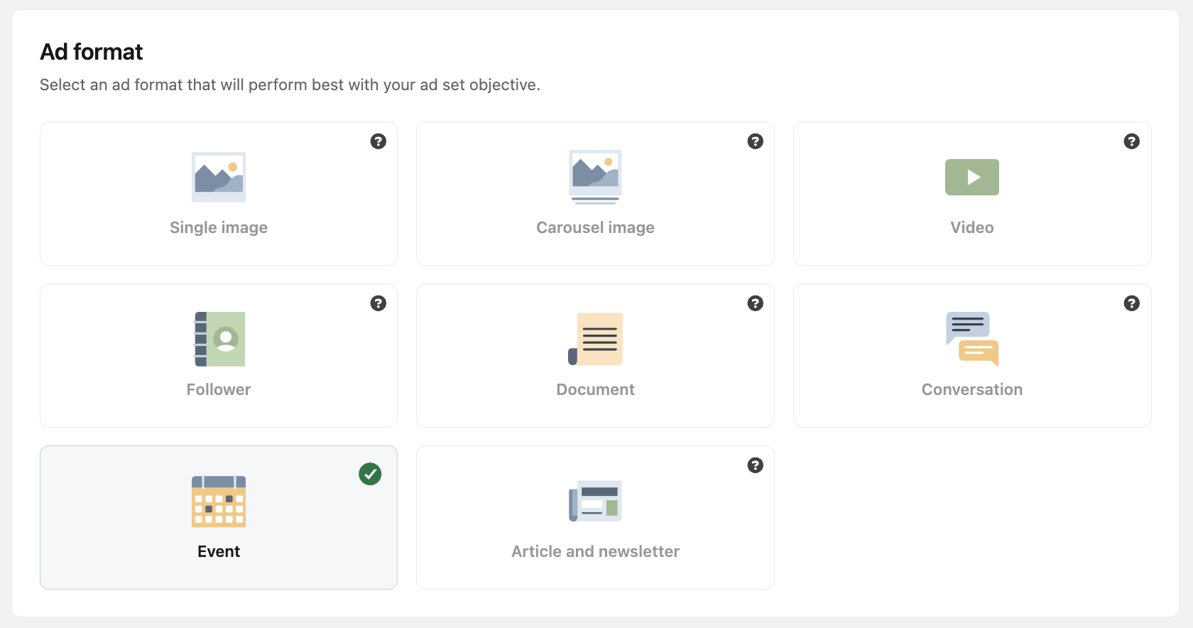LinkedIn Campaign Manager ad format selection with the Event format selected.