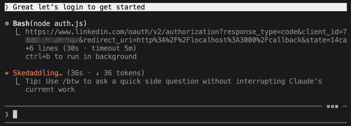 Claude Code terminal logging into the LinkedIn Ads API