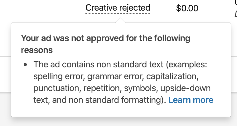 linkedin campaign manager error message creative rejected non-standard text