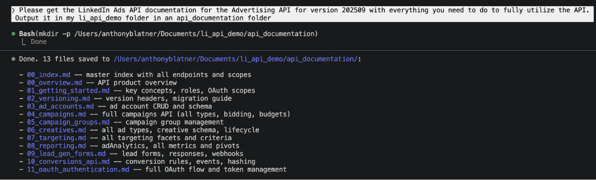Claude code downloading the linkedin ads API documentation
