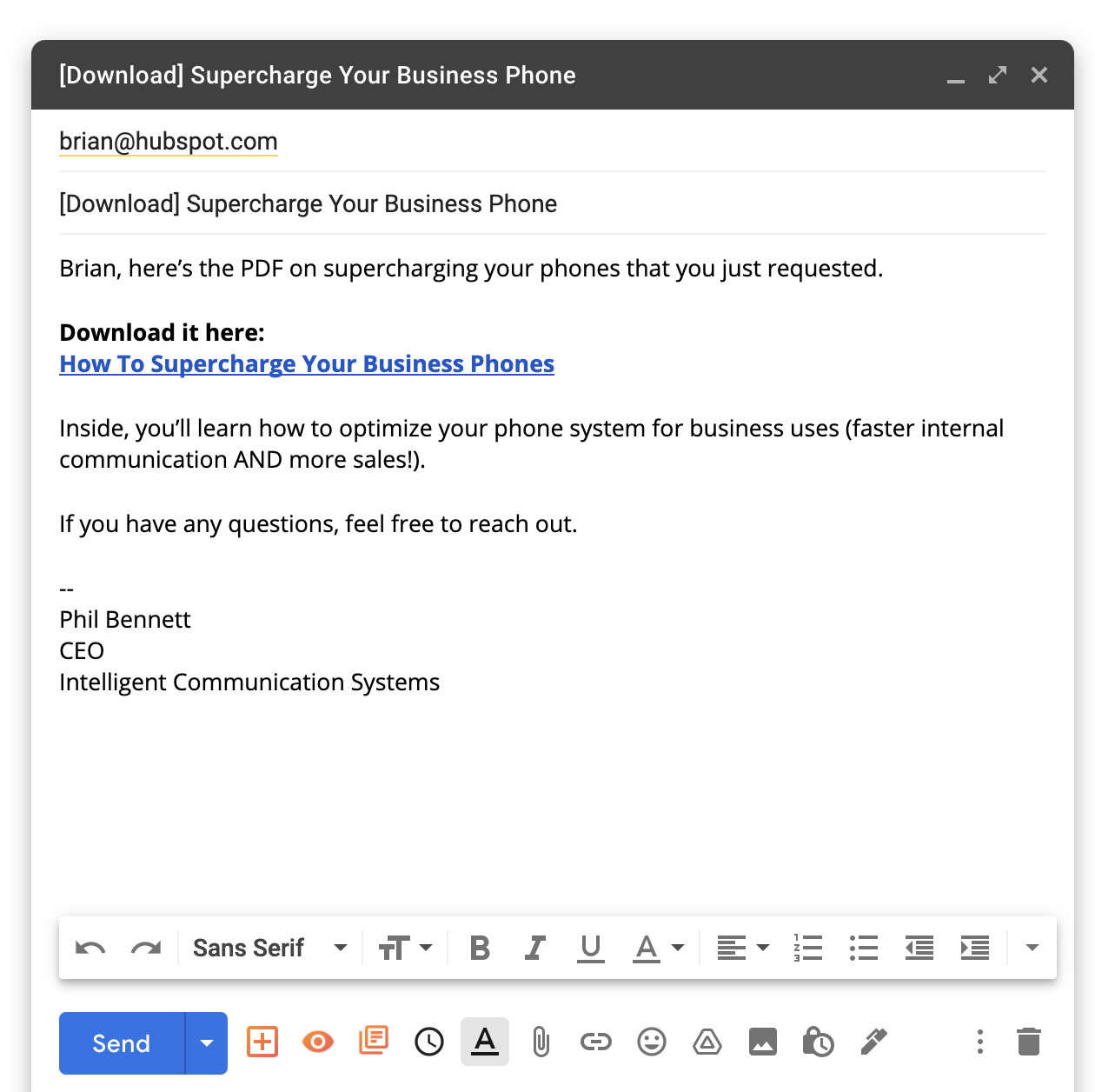 Screenshot of sending a lead magnet download email