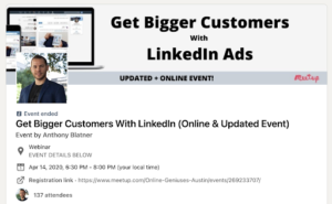 LinkedIn screenshot of an event by Anthony Blatner, event details below title, black text on white background