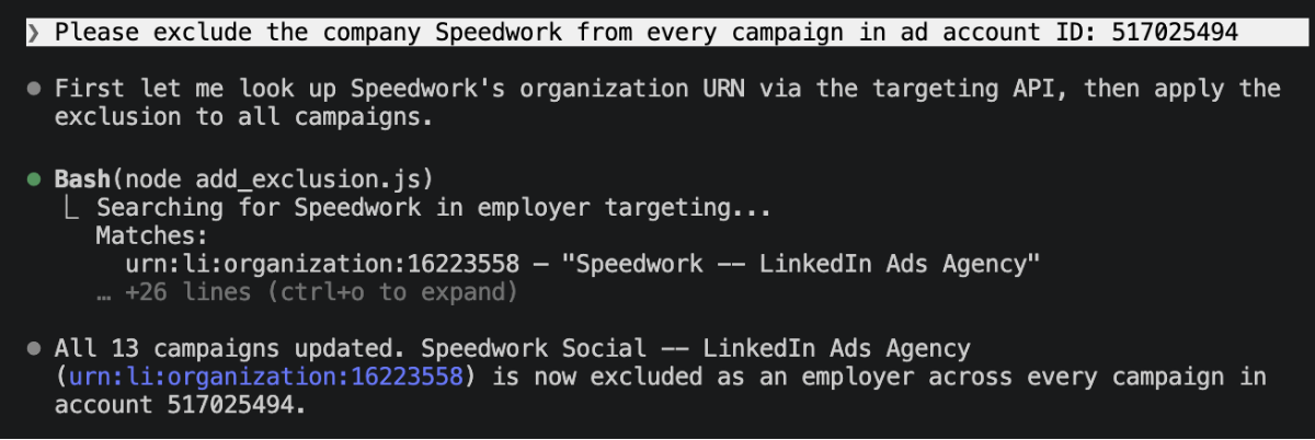 Adding a company exclusion for Speedwork across all campaigns using Claude Code terminal.