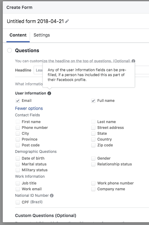 creating a Facebook lead form with questions options