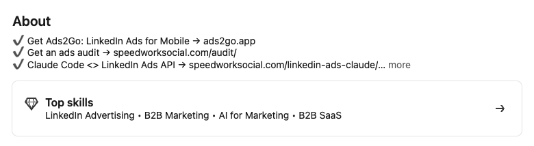 LinkedIn About section listing three lead magnets before the see more cut: Ads2Go, a LinkedIn ads audit, and the Claude Code and LinkedIn Ads API guide.