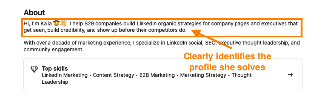 LinkedIn About section opening with: I help B2B companies build LinkedIn organic strategies for company pages and executives that get seen, build credibility, and show up before their competitors do.