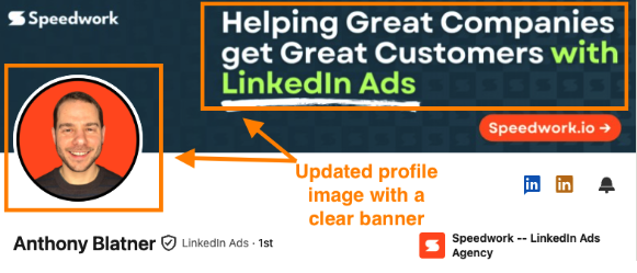 LinkedIn profile of Anthony Blatner with a clear headshot and a banner reading Helping Great Companies get Great Customers with LinkedIn Ads, plus the Speedwork.io URL.
