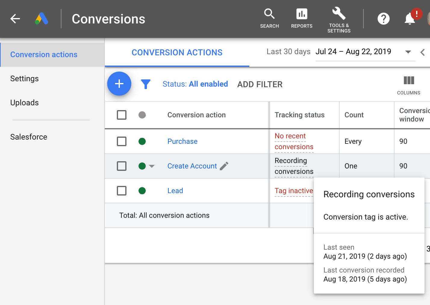 google ads recording conversions
