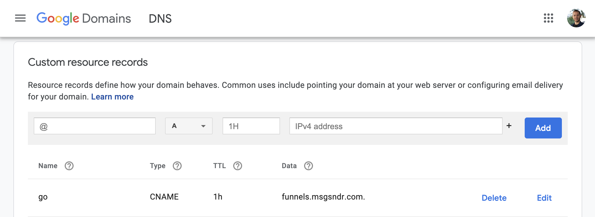 Google Domains with a subdomain CNAME set to funnels.msgsndr.com