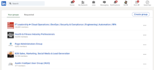 LinkedIn screenshot of a group list, blue text with thumbnails on white background