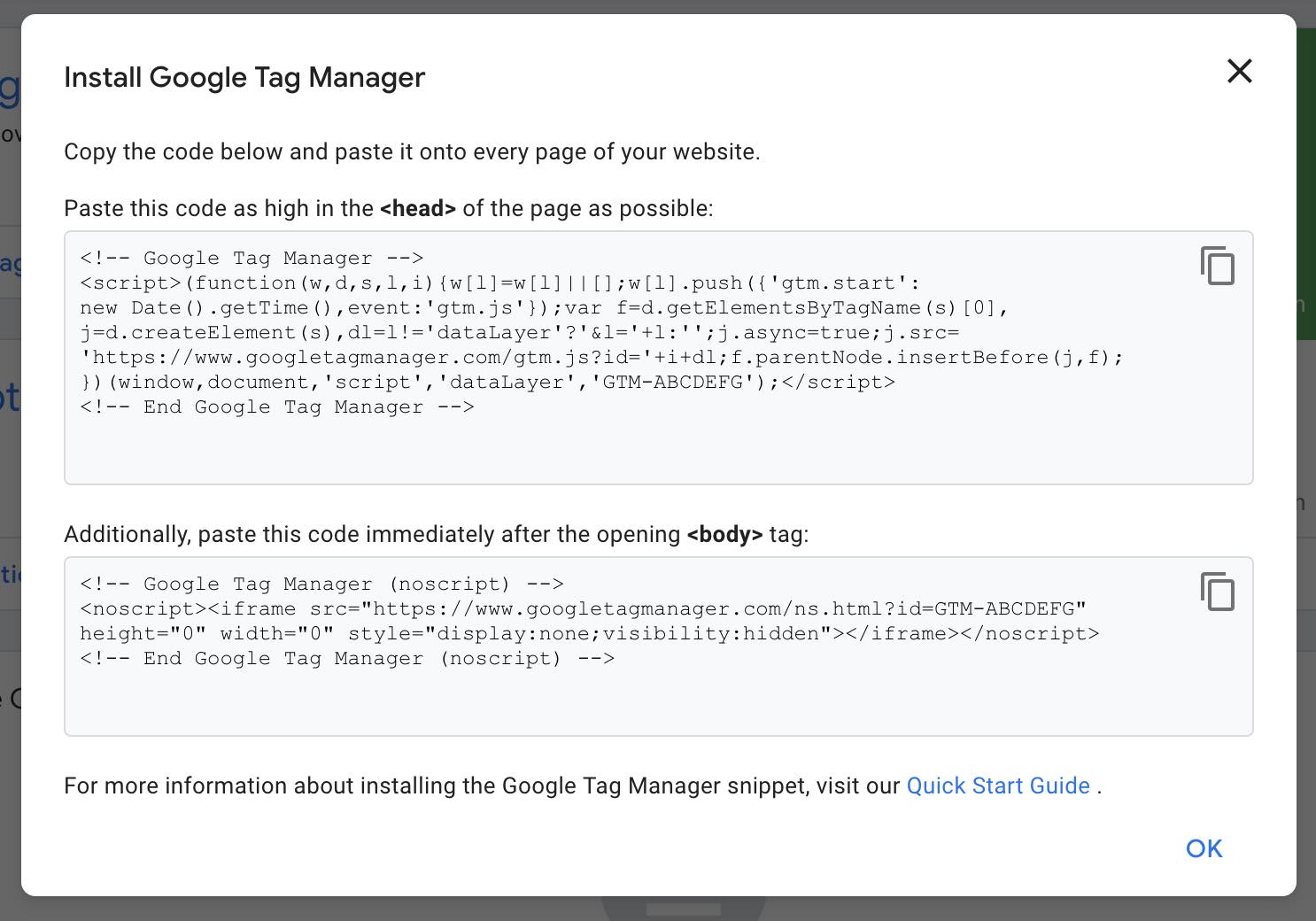 code snippets to install google tag manager
