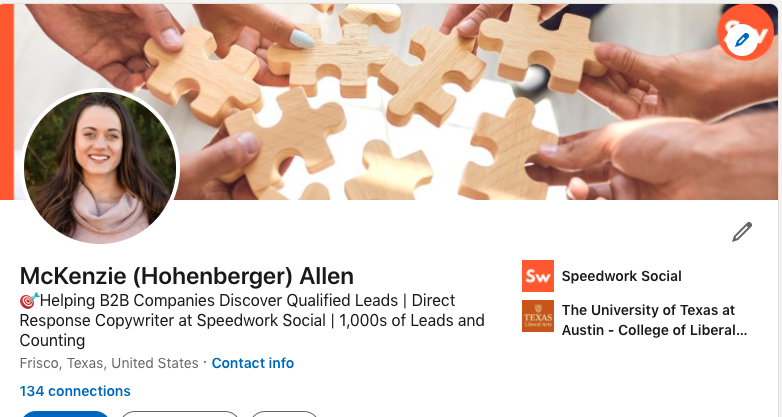 Screenshot of McKenzie Allen's LinkedIn Profile, showing cover image, profile image, and an example headline including bullseye emoji