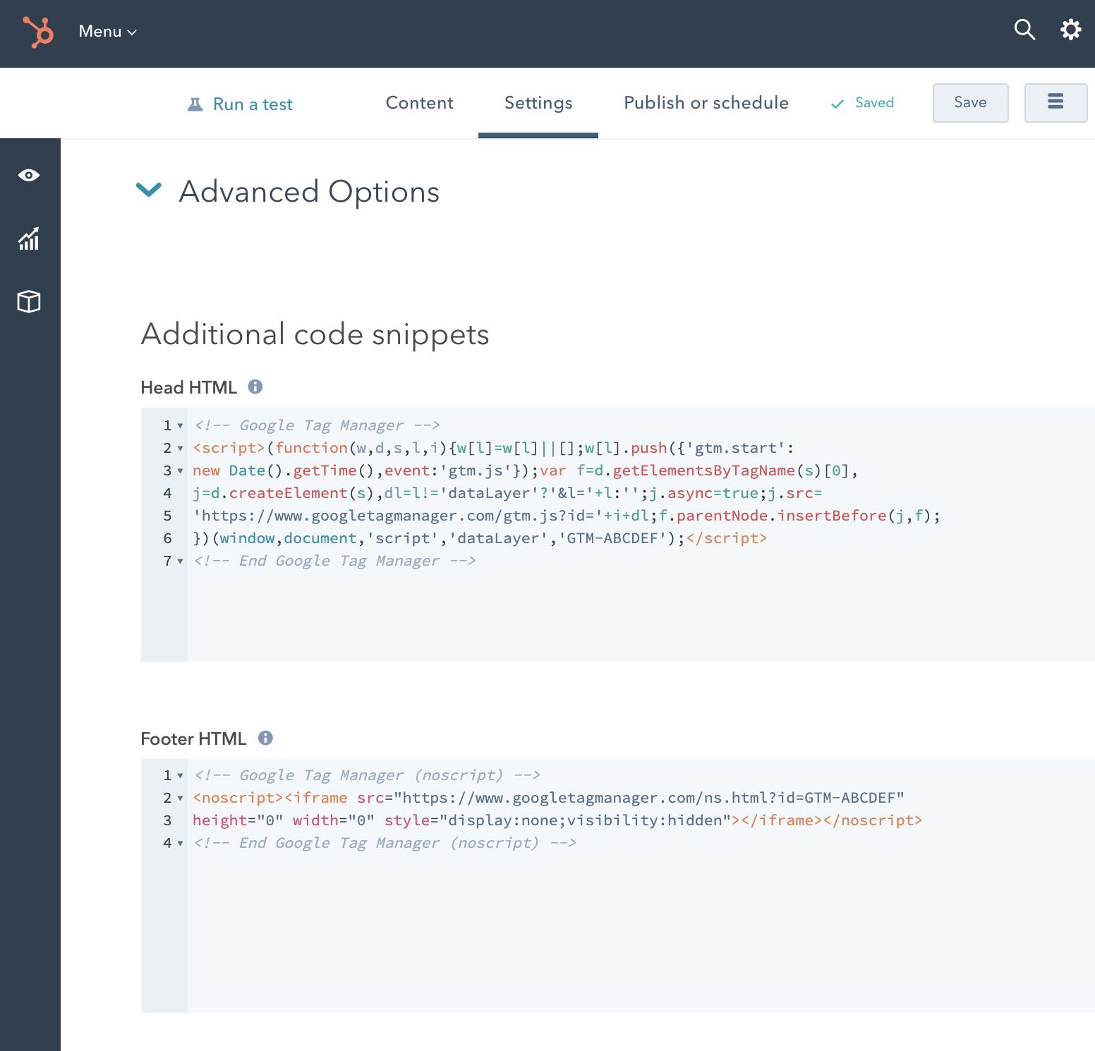 hubspot advanced options page