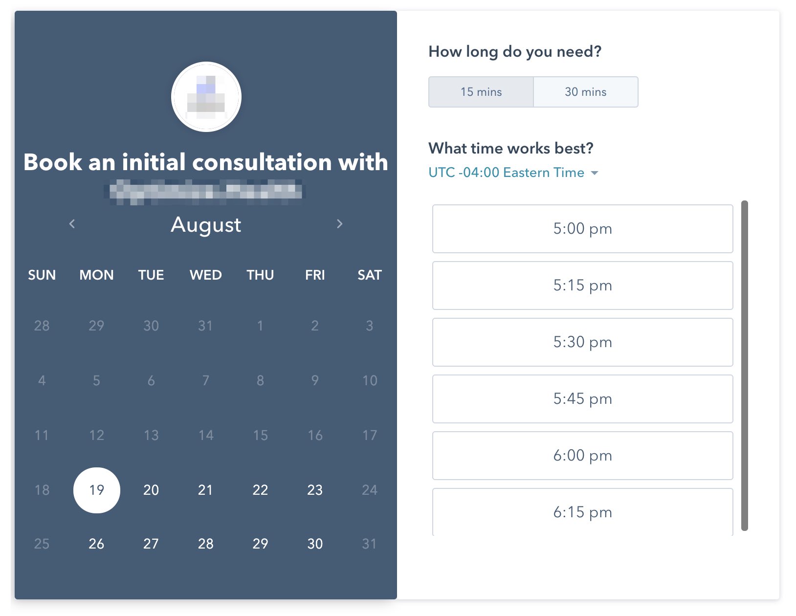 hubspot meeting scheduling widget with calendar and times