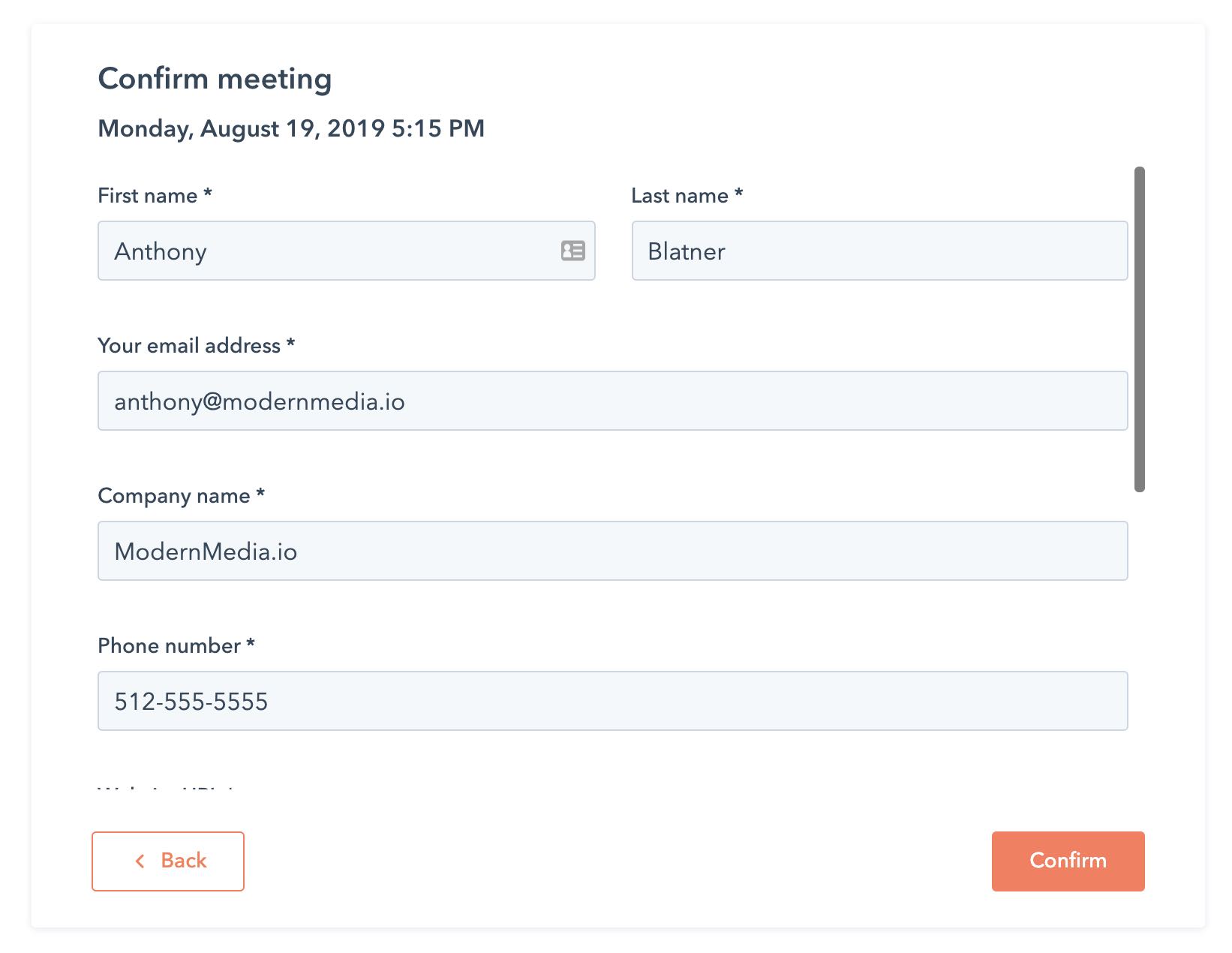 confirmation page of meeting scheduler