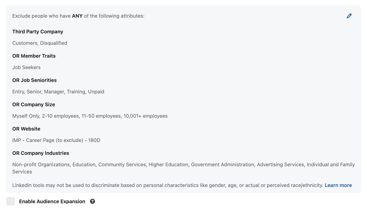 LinkedIn Campaign Manager exclusions for an incentivized demo campaign: customers and disqualified companies, job seekers, junior seniorities, small and very large companies, career page visitors, and non-buyer industries, with Audience Expansion turned off.