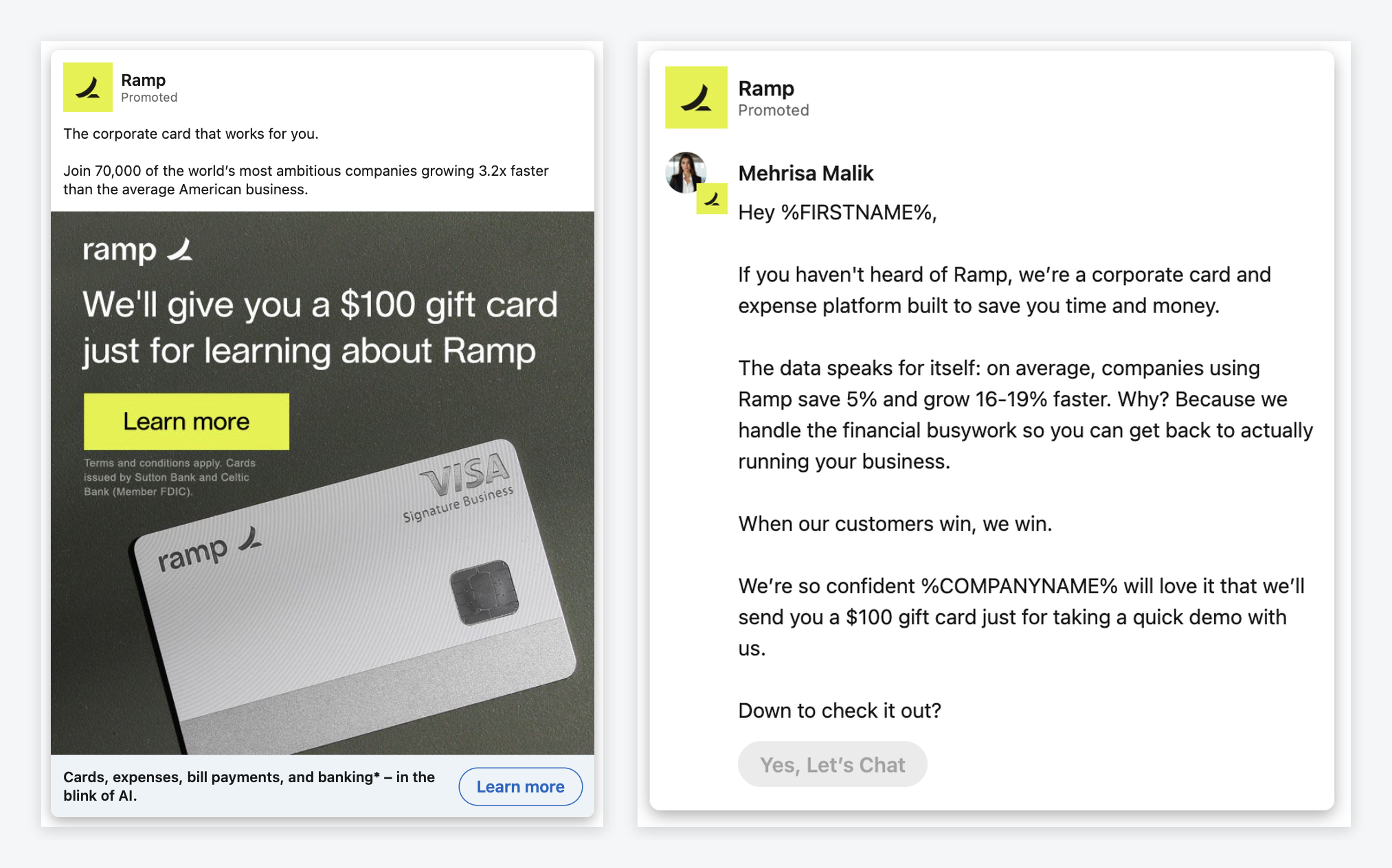 Two Ramp LinkedIn ads offering a $100 gift card for a demo: a single image feed ad reading "We'll give you a $100 gift card just for learning about Ramp" and a Message Ad from a Ramp team member ending "Down to check it out?"