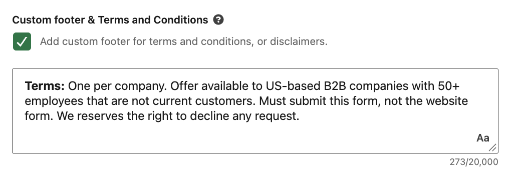 Custom footer and terms and conditions field in a LinkedIn Message Ad, listing one gift card per company and the eligibility rules.