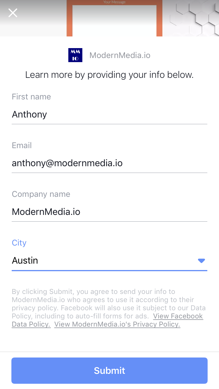 auto-filling contact information in a Facebook lead form ad