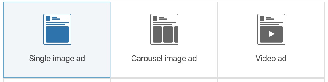 options for single image ad, carousel ad, video ad