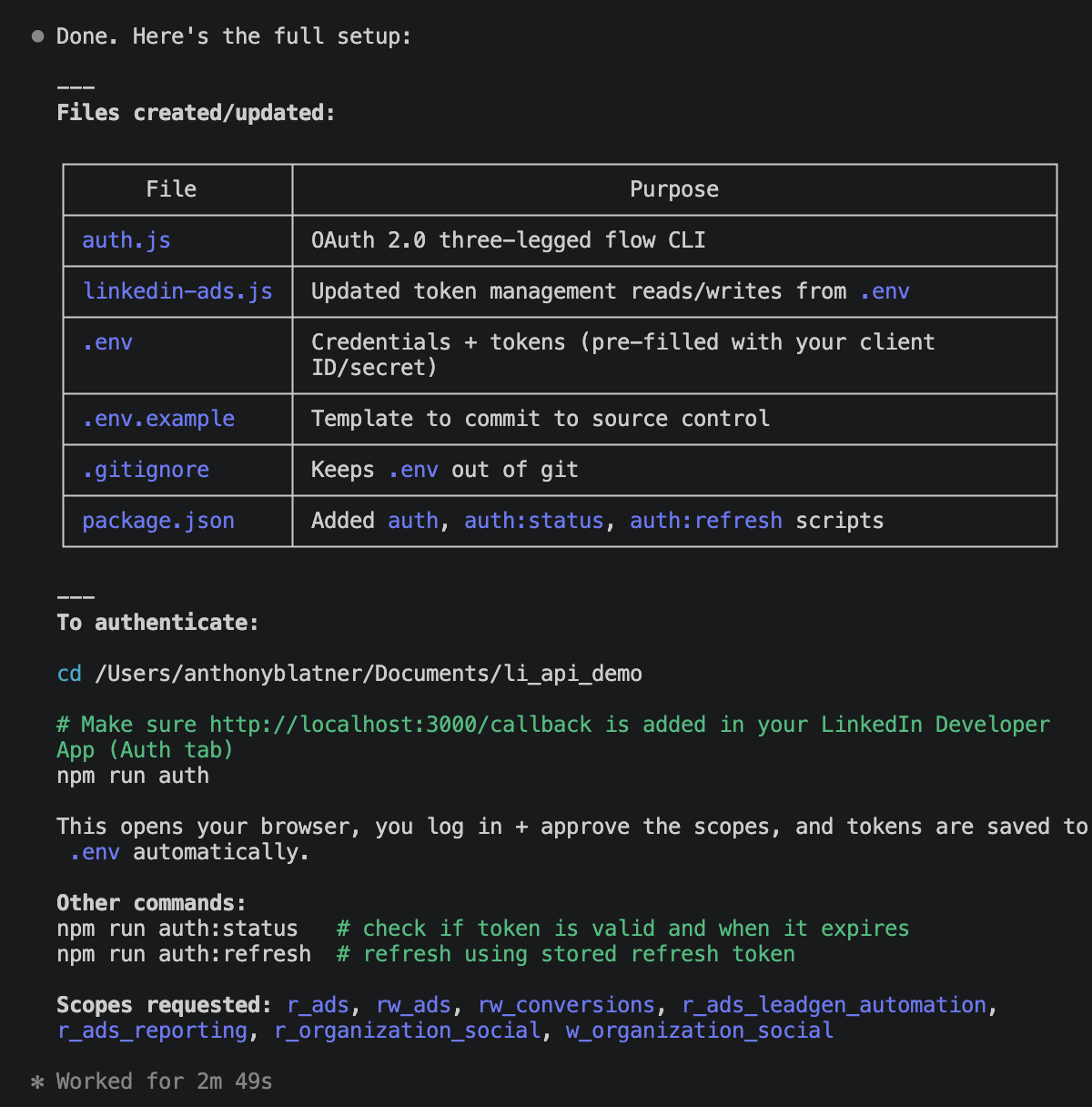 Claude Code output after building the LinkedIn Ads API wrapper
