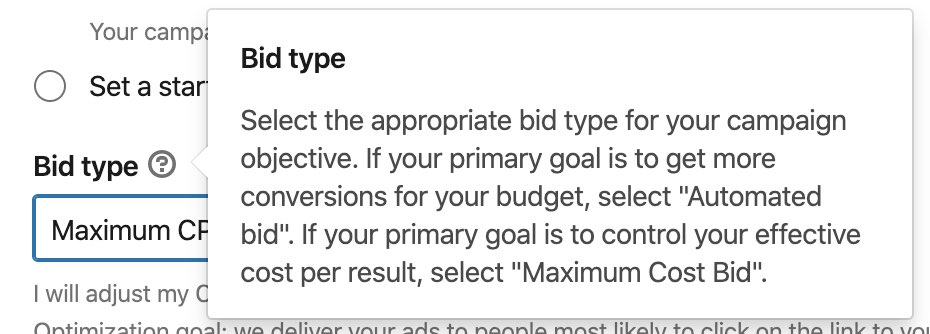 linkedin ads bid type explanation tooltip
