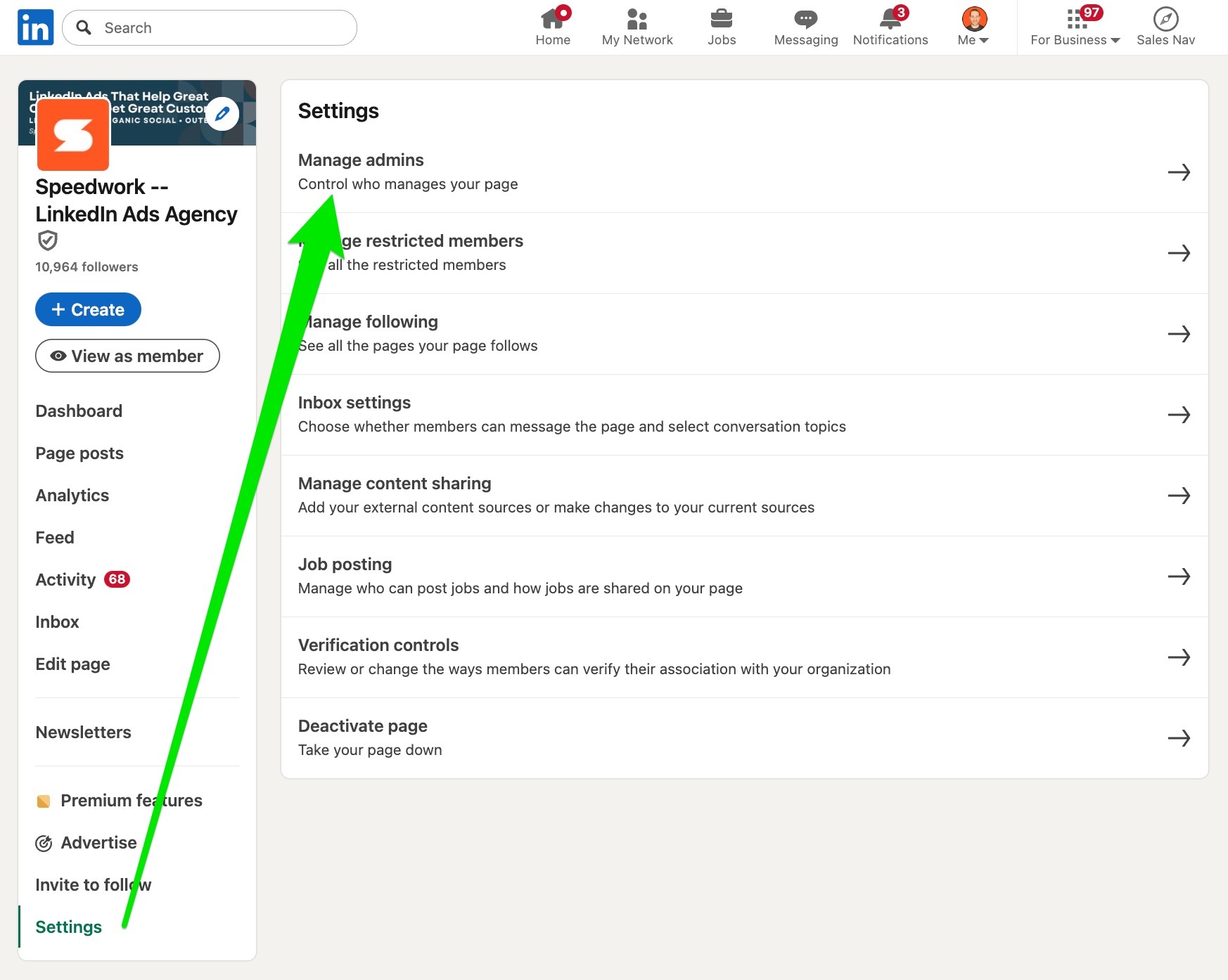 Navigation of a LinkedIn Company Page to click on Settings and Manage Admins