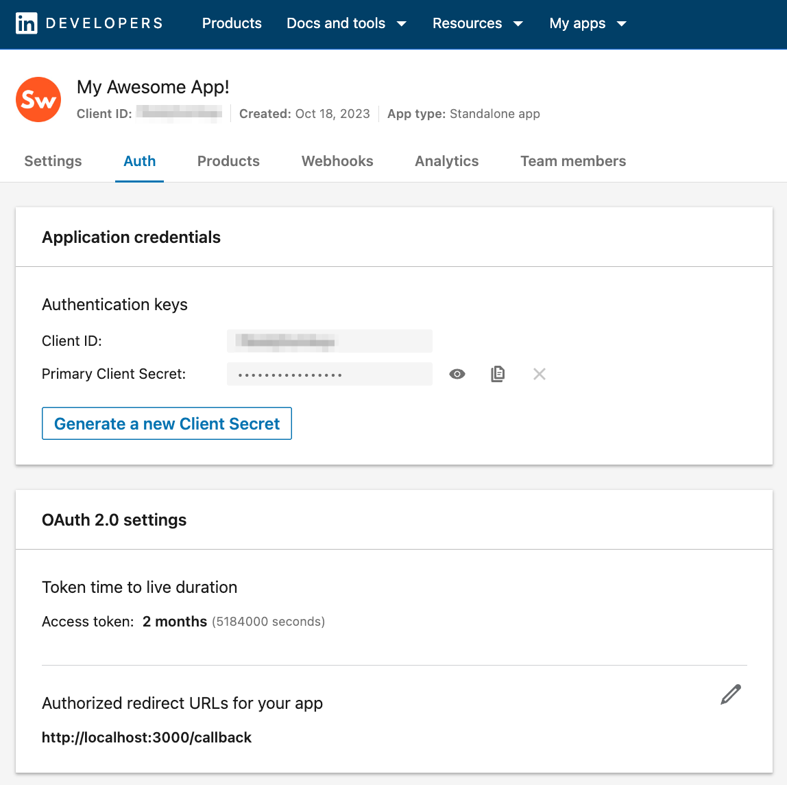 The Auth tab showing Client ID and Client Secret (with secret partially redacted)