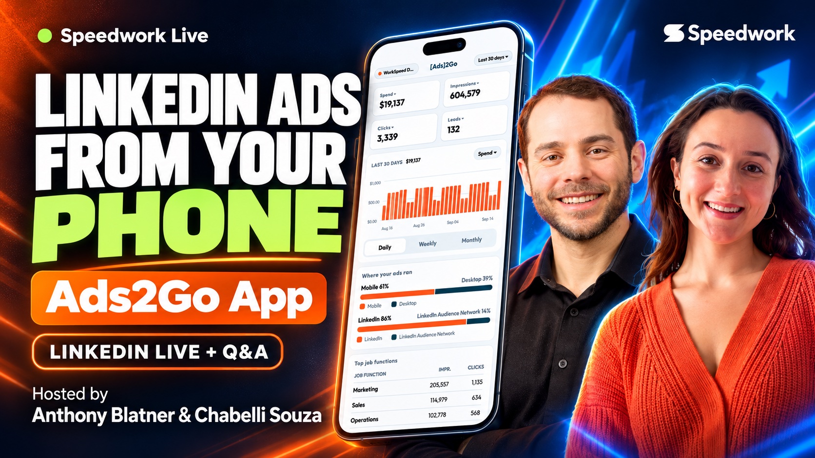YouTube-thumbnail-style event banner reading LinkedIn Ads From Your Phone, with the Ads2Go app on a phone screen and large photos of both hosts.
