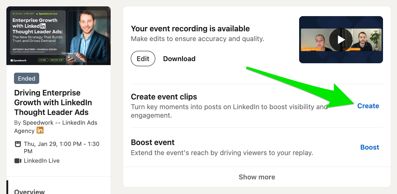 Ended LinkedIn Live event management page showing the recording, a Create event clips option with an arrow pointing to Create, and a Boost event option.