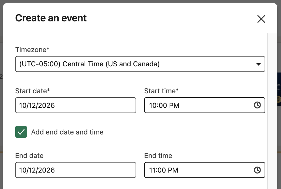 Timezone, start date, start time, and end date and time fields in the LinkedIn Create an event window.