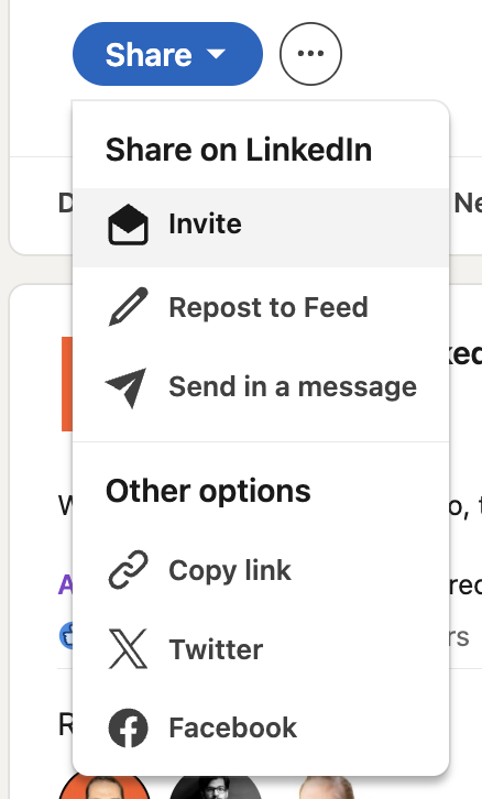Share menu on a LinkedIn Event page with Invite highlighted, plus Repost to Feed, Send in a message, Copy link, Twitter, and Facebook.
