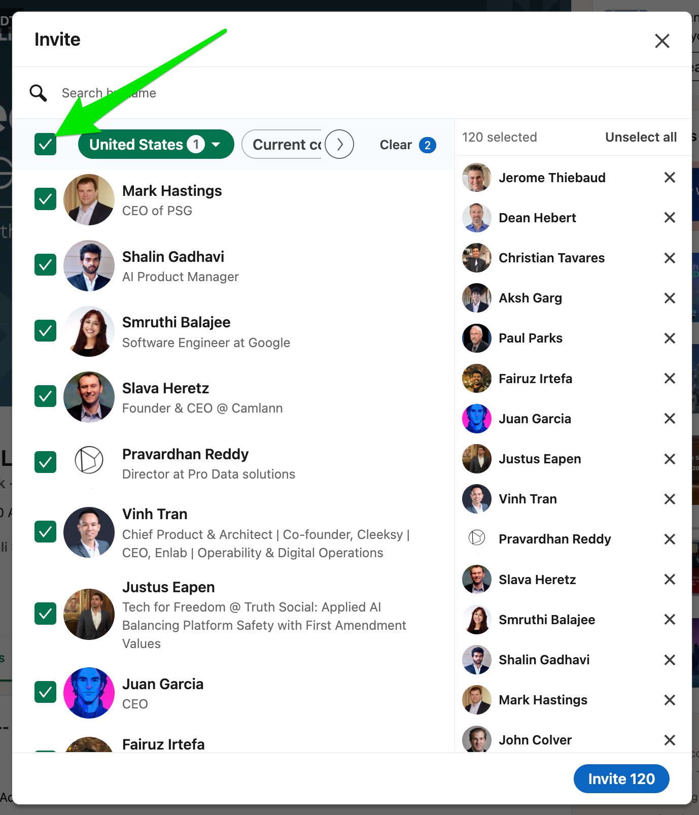 LinkedIn event Invite window filtered to United States connections, with an arrow pointing to the Select all checkbox and an Invite 120 button.