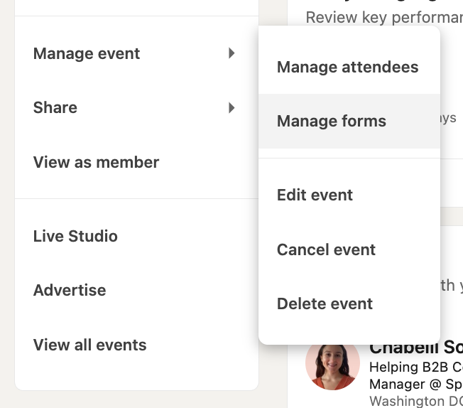 LinkedIn event admin menu with Manage event expanded and Manage forms highlighted, alongside Manage attendees, Edit event, Cancel event, and Delete event.