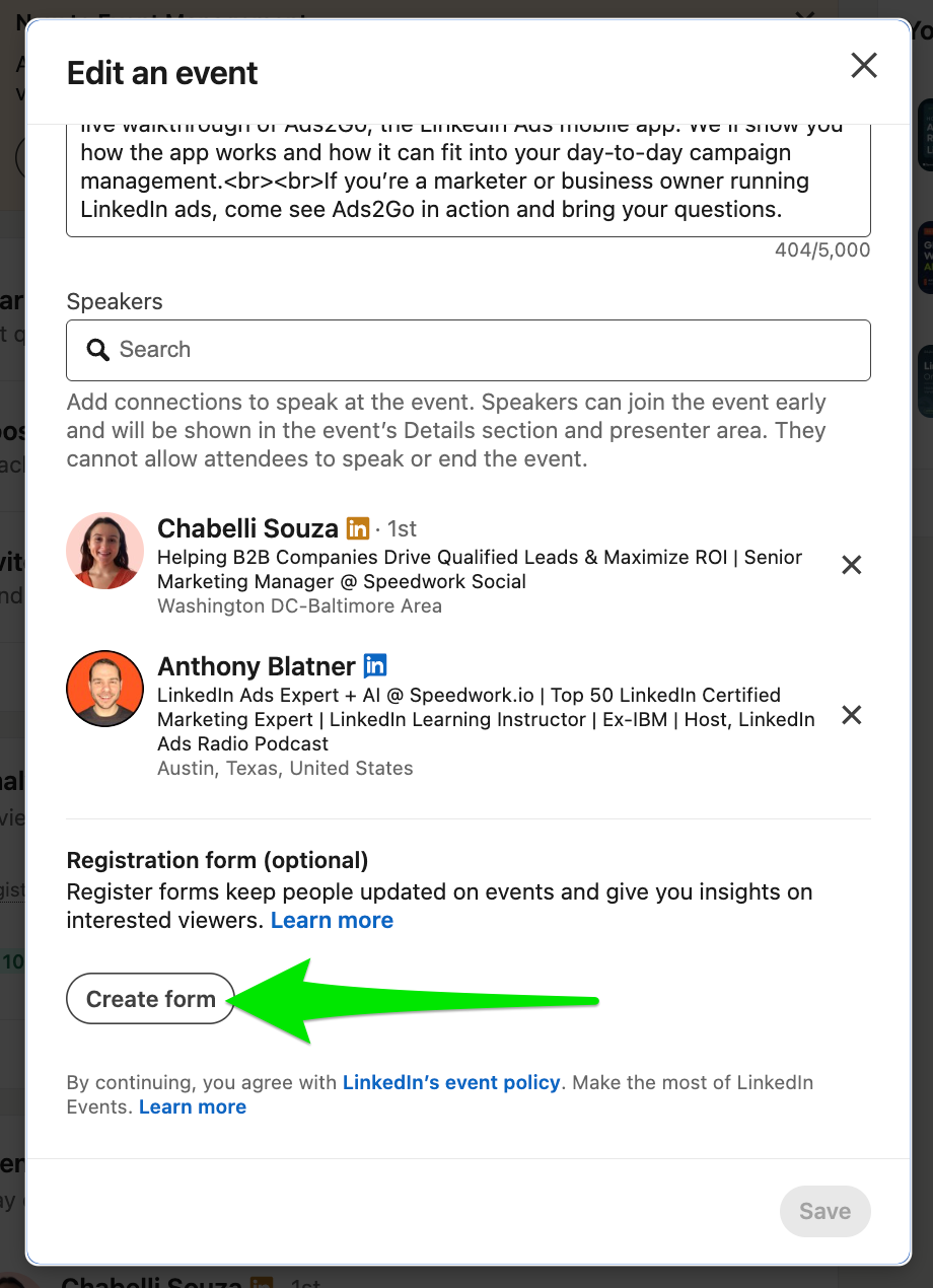 LinkedIn Edit an event window showing the Speakers list and a Registration form section, with an arrow pointing to the Create form button.