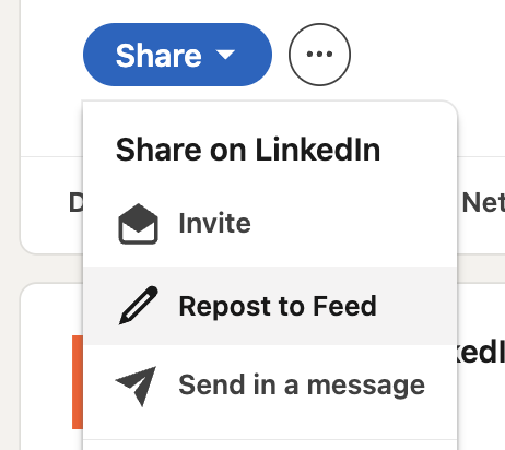 LinkedIn Event Share menu with Repost to Feed highlighted.