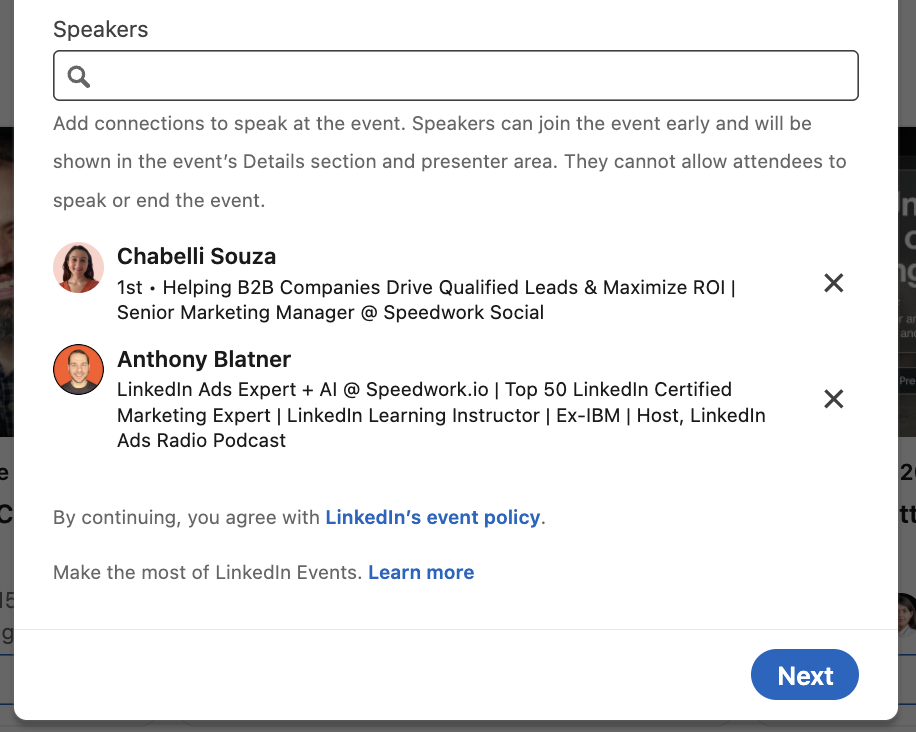 Speakers section of LinkedIn event setup with two 1st-degree connections added as speakers.