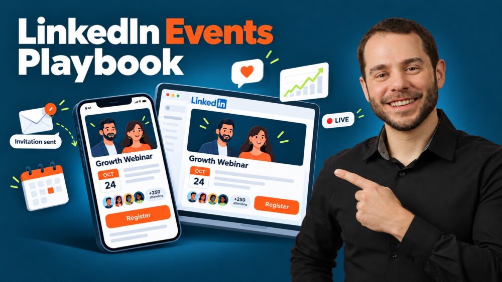LinkedIn Events Playbook banner with Anthony Blatner pointing at a phone and laptop showing a LinkedIn event page for a webinar on Oct 24, with 250+ attendees and a Register button, surrounded by invitation, calendar, live, and engagement icons.