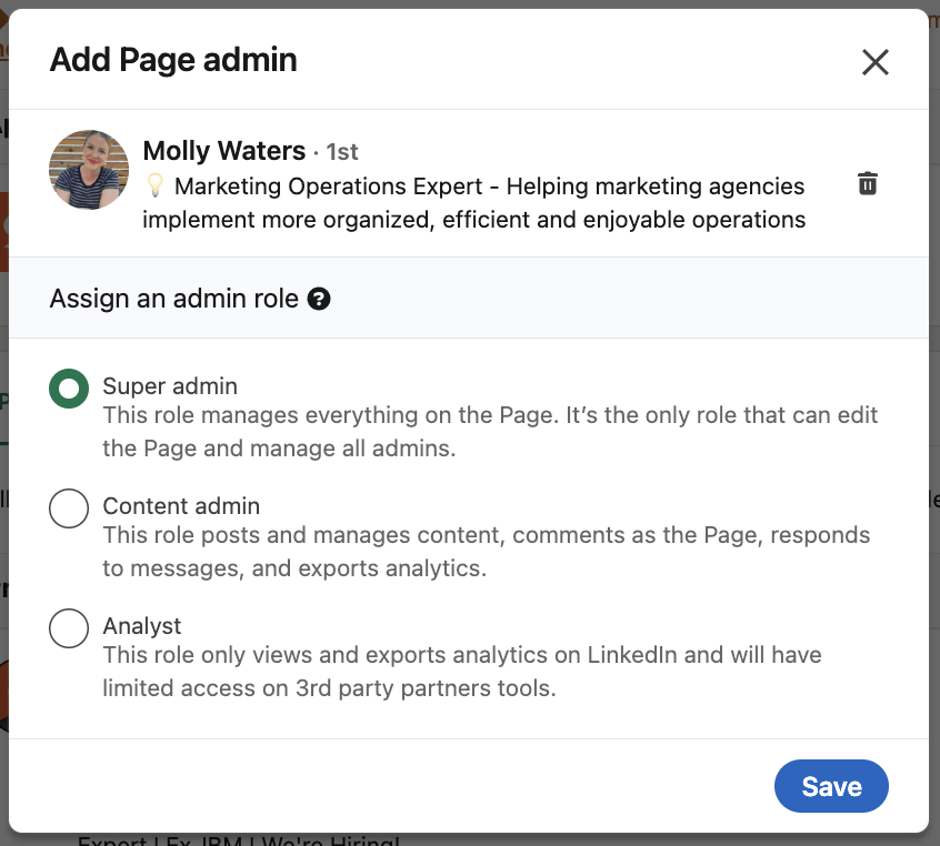 Screenshot to add a Super admin to a LinkedIn Company Page