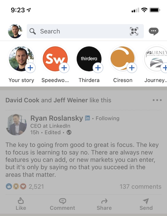 LinkedIn app screenshot of stories icons at the top of the newsfeed