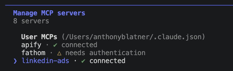 Claude Code /mcp output showing linkedin-ads as connected