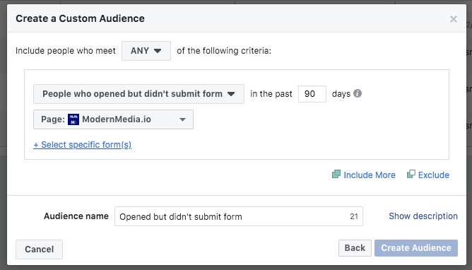 creating a retargeting audience of users who opened a lead form but did not submit