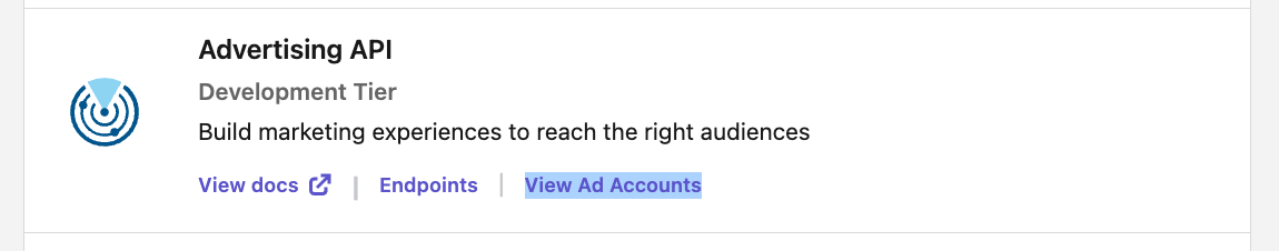 Linkedin app products showing the Advertising API and where to View Ad Accounts