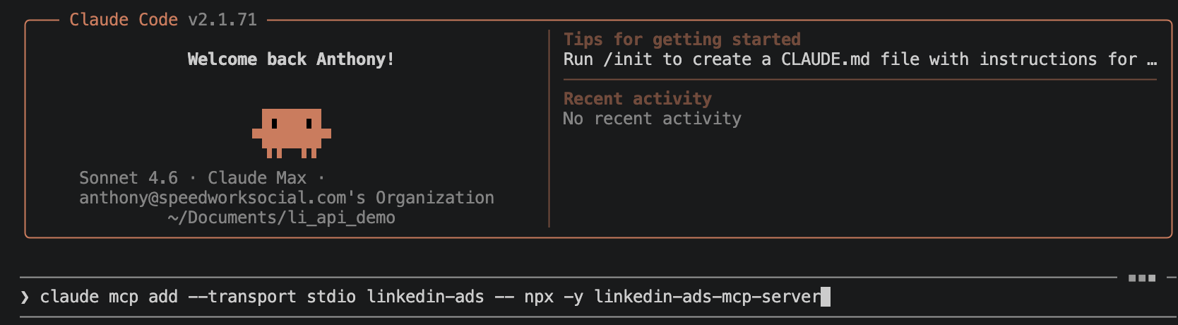 Terminal showing the claude mcp add command being run