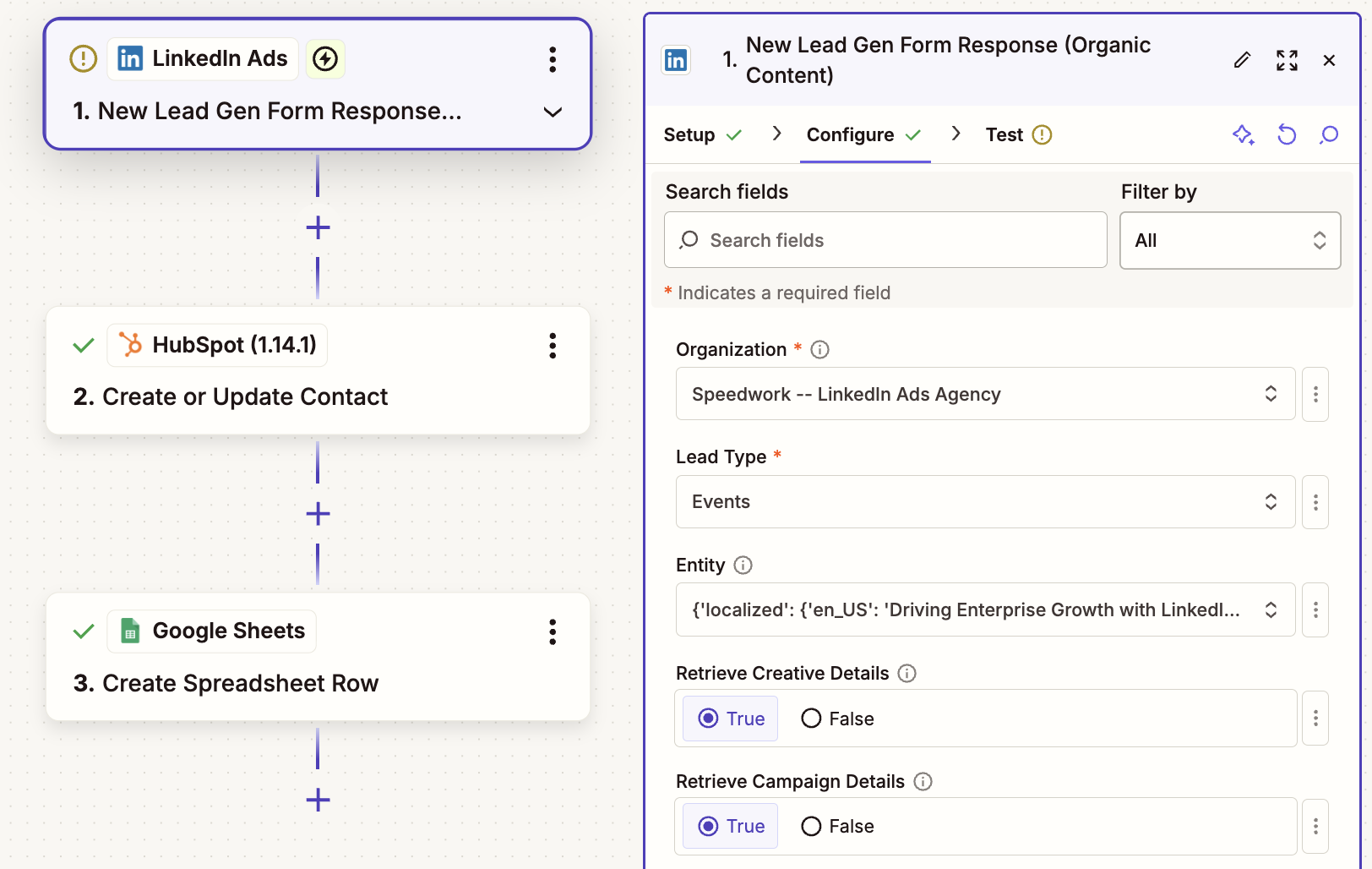 Zapier workflow with a LinkedIn Ads New Lead Gen Form Response (Organic Content) trigger set to the Events lead type, followed by HubSpot Create or Update Contact and Google Sheets Create Spreadsheet Row steps.